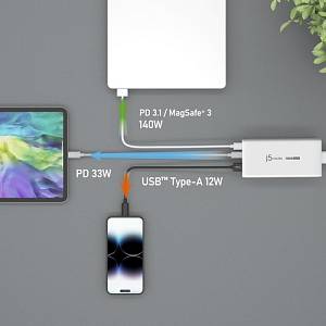 j5create 185W Laptop GaN Charger PD3.1 2xUSB-C/1xUSB-A (UK Plug) JUP37185W