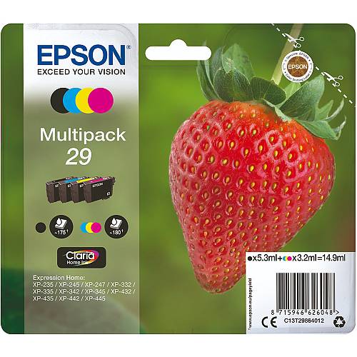Epson Ink Cartridge 29 Multipack, 1 X 3.2 Ml Cyan, 1 X 3.2 Ml Magenta, 1 X 5.3 Ml Black, 1 X 3.2 Ml Yellow, For Xp-235, Xp-332, Xp-245, Xp-342